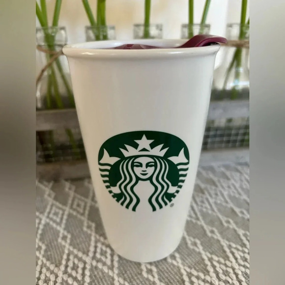 Starbucks ASU Ceramic Coffee Mug. Plastic lid. 12 fl oz. Red, yellow and White. - Picture 3 of 5